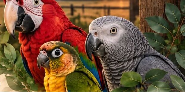 A scarlet macaw, a sun conure and an African grey parrot